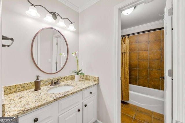 bathroom with vanity, shower / bath combination with curtain, and ornamental molding