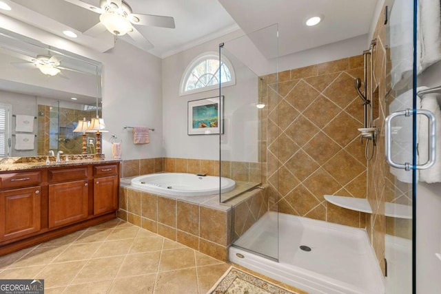 bathroom with ceiling fan, tile patterned floors, vanity, and independent shower and bath