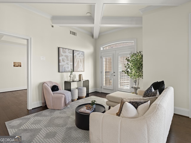 living room with dark wood-type flooring, coffered ceiling, french doors, and beamed ceiling