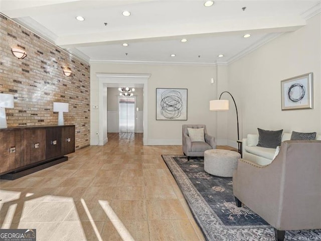 tiled living room featuring beam ceiling, ornamental molding, and brick wall