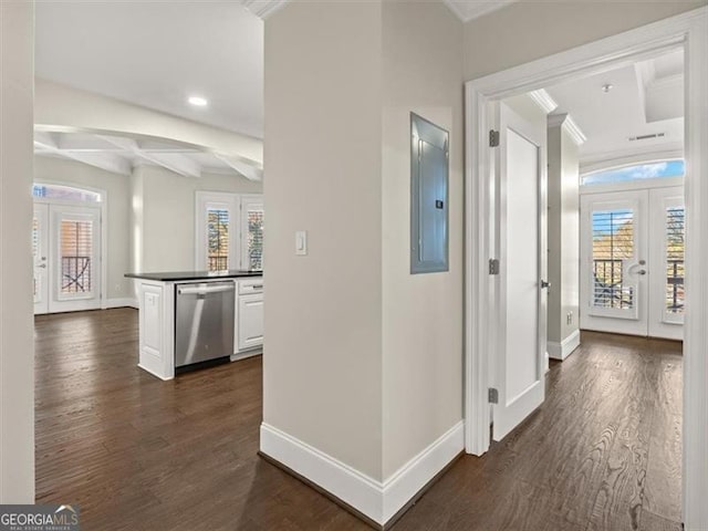 hall with french doors, a healthy amount of sunlight, and dark hardwood / wood-style flooring