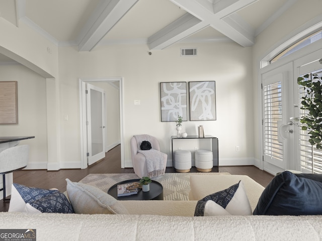 living room with beamed ceiling, coffered ceiling, dark hardwood / wood-style floors, and french doors