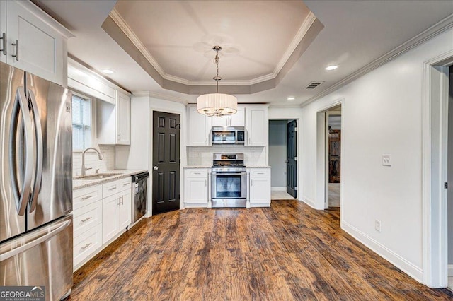 kitchen with a tray ceiling, white cabinetry, tasteful backsplash, and stainless steel appliances