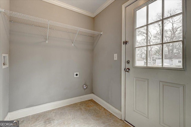 laundry room with hookup for an electric dryer, washer hookup, and ornamental molding