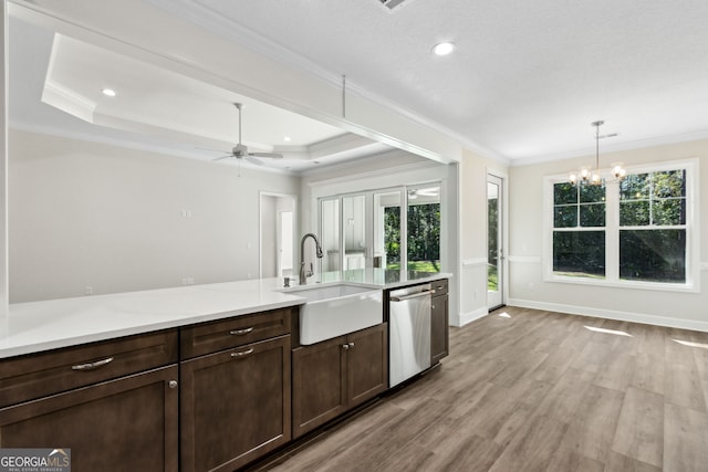 kitchen featuring light wood-type flooring, a sink, stainless steel dishwasher, dark brown cabinetry, and a raised ceiling