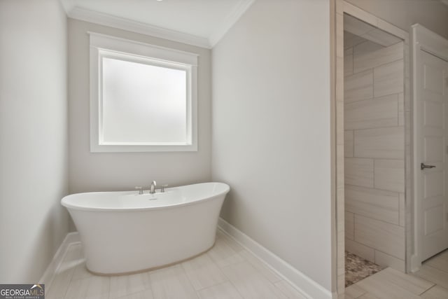 bathroom featuring crown molding and a bathtub