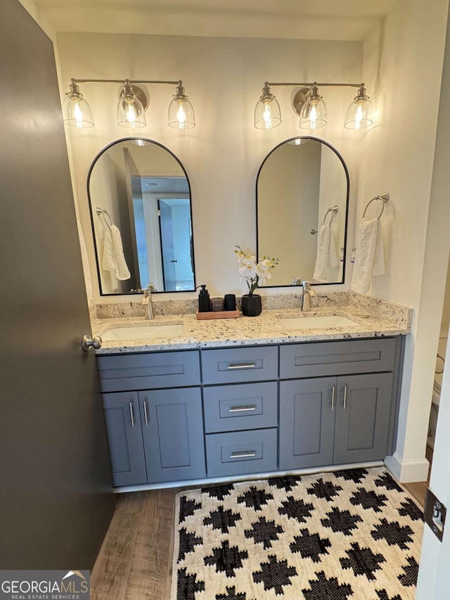 bathroom with hardwood / wood-style floors and vanity