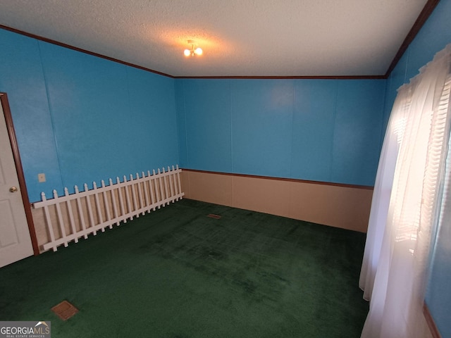 carpeted spare room with ornamental molding and a textured ceiling