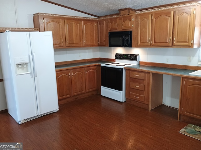 kitchen with dark hardwood / wood-style flooring, white appliances, a textured ceiling, and lofted ceiling