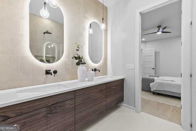 bathroom with vanity, tile patterned floors, and ceiling fan