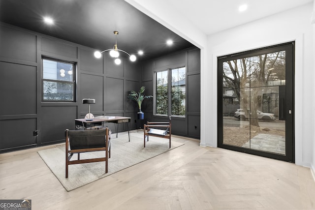 office area featuring light parquet flooring