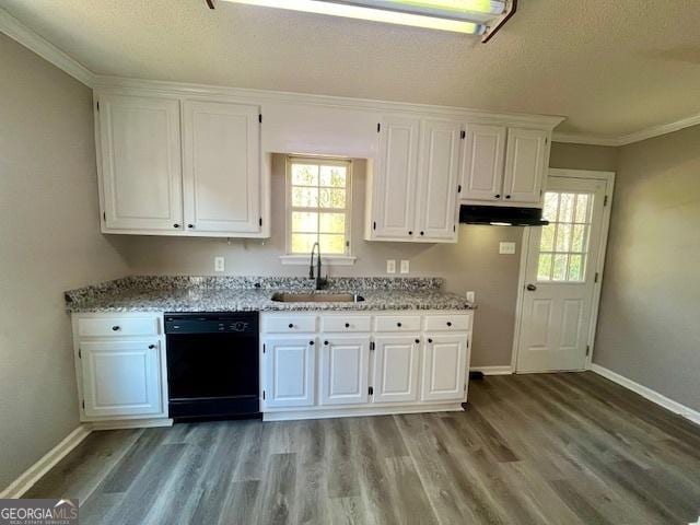 kitchen with white cabinetry, sink, light stone counters, and black dishwasher