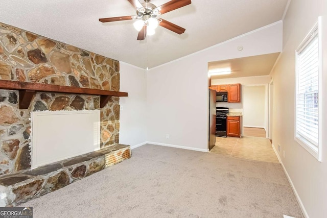 unfurnished living room featuring light carpet, crown molding, ceiling fan, and vaulted ceiling