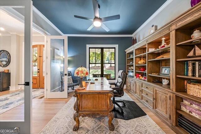 office area with french doors, light hardwood / wood-style floors, ceiling fan, and ornamental molding