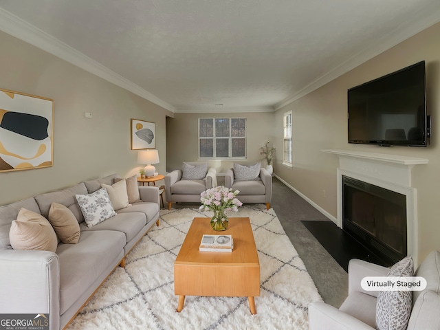 carpeted living room featuring ornamental molding