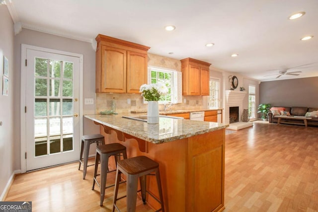 kitchen with light stone countertops, decorative backsplash, white dishwasher, ceiling fan, and light hardwood / wood-style flooring