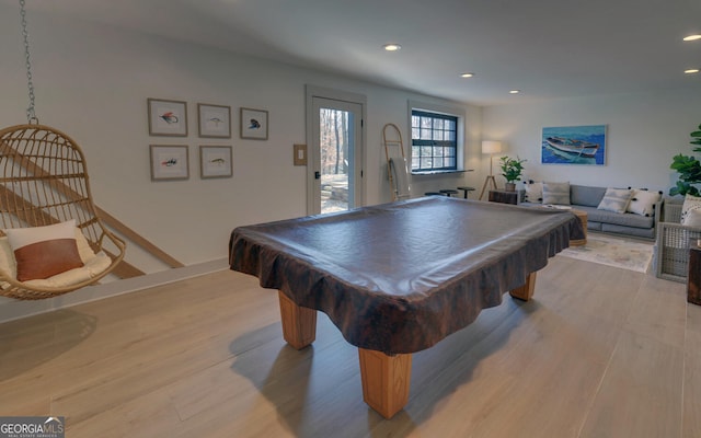 rec room featuring baseboards, recessed lighting, pool table, and light wood-style flooring