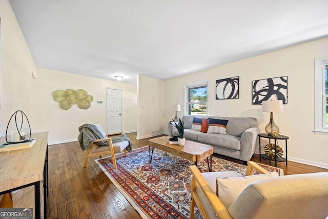 living room with dark hardwood / wood-style flooring