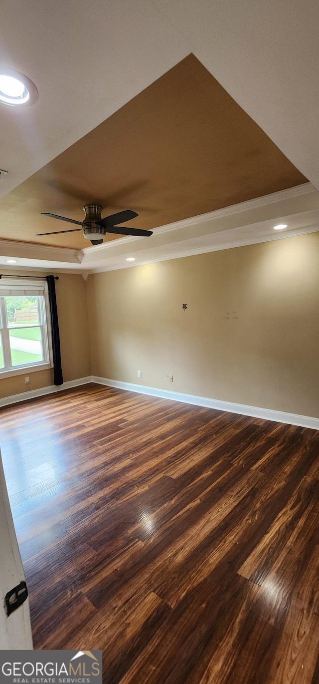 spare room featuring a raised ceiling, ceiling fan, and dark hardwood / wood-style flooring