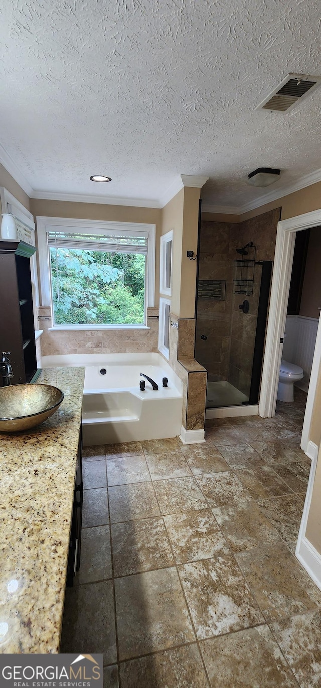 full bathroom with vanity, crown molding, separate shower and tub, toilet, and a textured ceiling