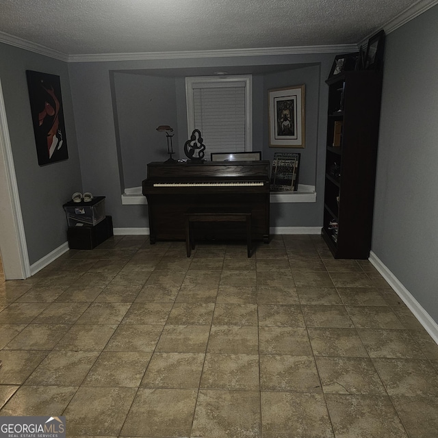 hallway featuring ornamental molding and a textured ceiling