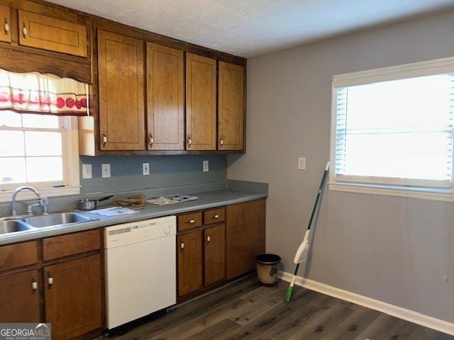 kitchen featuring sink, white dishwasher, dark wood-type flooring, and a textured ceiling