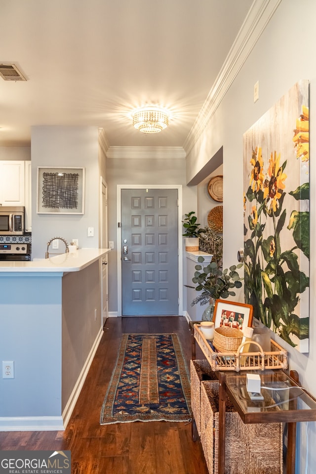 foyer entrance with sink, crown molding, and dark wood-type flooring