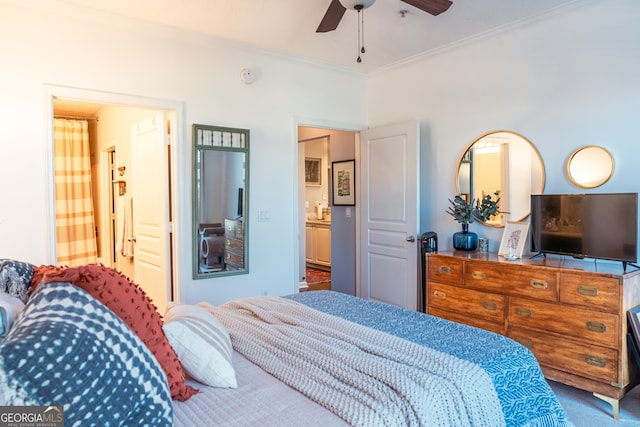 bedroom with ensuite bath, ceiling fan, and ornamental molding