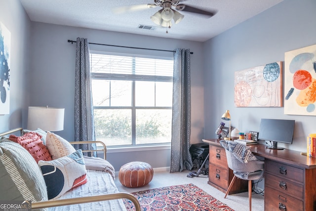 home office with a textured ceiling, plenty of natural light, and light carpet