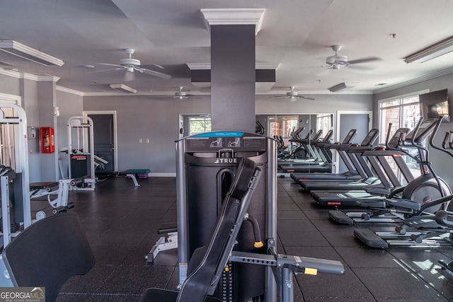 gym with ornamental molding