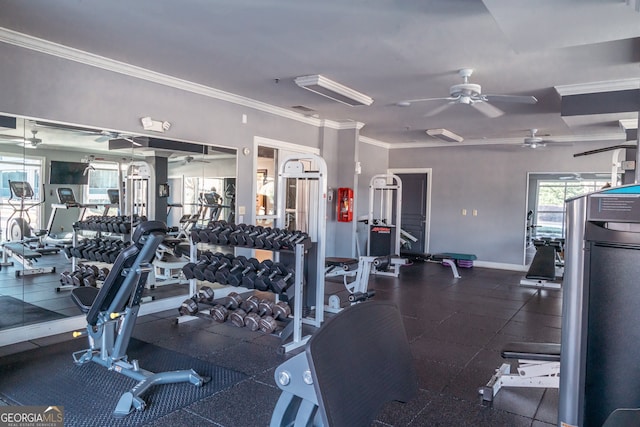 exercise room featuring crown molding and ceiling fan