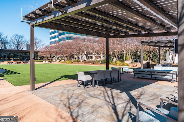 surrounding community with a pergola, an outdoor living space, a lawn, and a patio