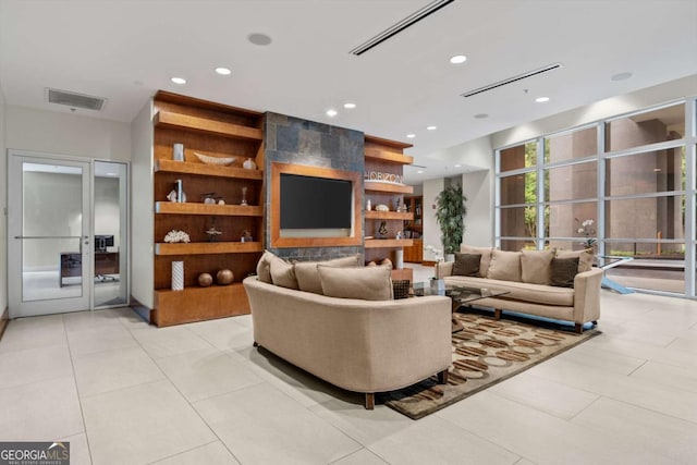 tiled living room with built in shelves