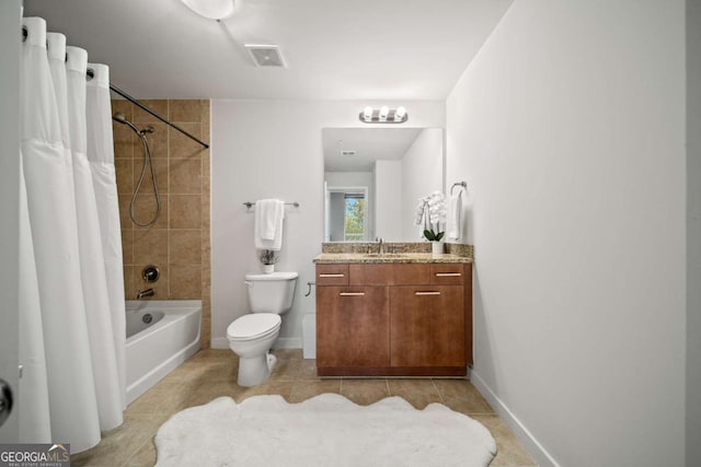 full bathroom with toilet, shower / tub combo, vanity, and tile patterned floors