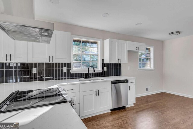 kitchen with stainless steel dishwasher, ventilation hood, dark wood-type flooring, sink, and white cabinets