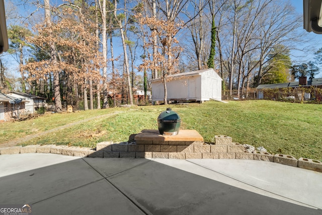 view of yard with a patio area and a shed