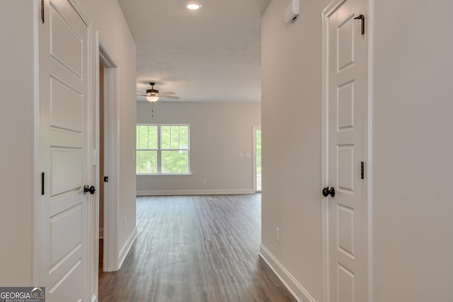 hallway featuring dark wood-type flooring