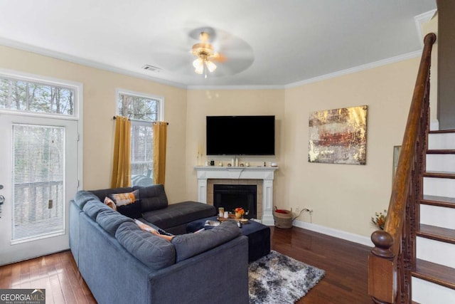 living room with a fireplace, ceiling fan, dark hardwood / wood-style flooring, and ornamental molding