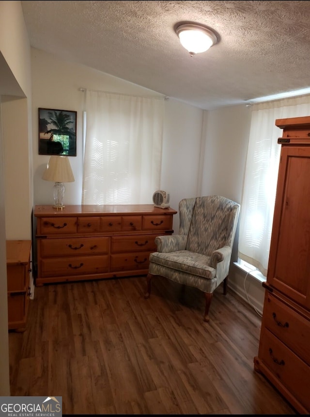 sitting room with dark wood-type flooring and a textured ceiling