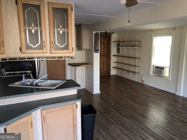 kitchen featuring sink, cooling unit, a barn door, dark wood-type flooring, and light brown cabinets