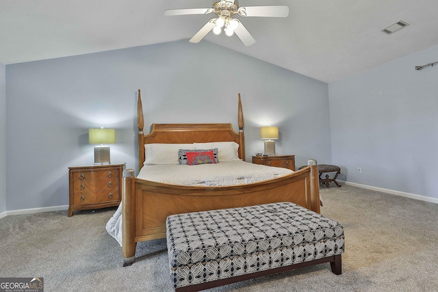 carpeted bedroom featuring ceiling fan and lofted ceiling