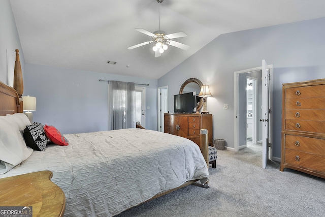 bedroom featuring light carpet, ceiling fan, and lofted ceiling