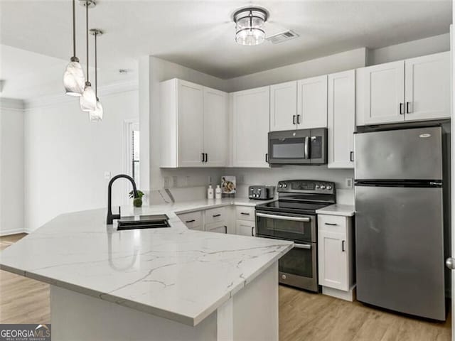 kitchen featuring kitchen peninsula, sink, white cabinets, and appliances with stainless steel finishes