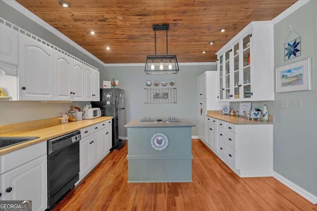 kitchen with wood ceiling, a center island, crown molding, black appliances, and white cabinetry