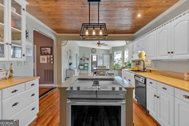 kitchen with black dishwasher, crown molding, visible vents, wood ceiling, and white cabinetry