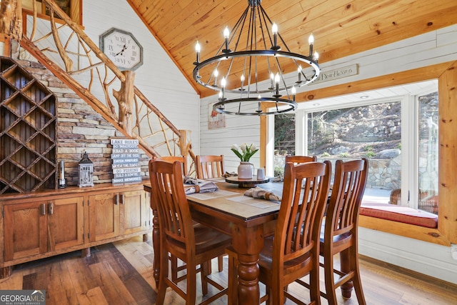 dining area with hardwood / wood-style flooring, high vaulted ceiling, a notable chandelier, wooden ceiling, and wood walls