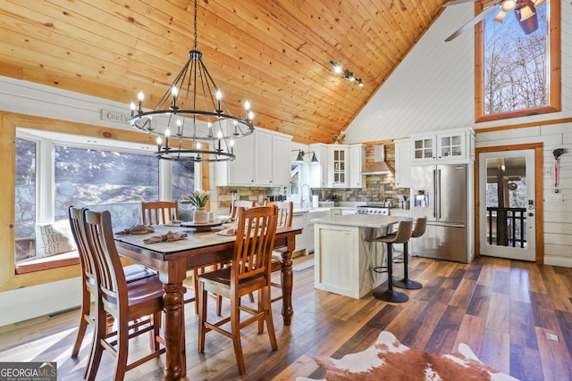 dining area with high vaulted ceiling, ceiling fan with notable chandelier, sink, dark hardwood / wood-style floors, and wood ceiling