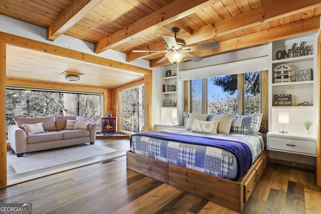 bedroom featuring wood ceiling, ceiling fan, beamed ceiling, dark hardwood / wood-style floors, and wood walls