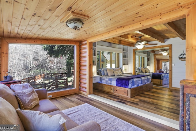 bedroom featuring hardwood / wood-style flooring, ceiling fan, wooden ceiling, and log walls