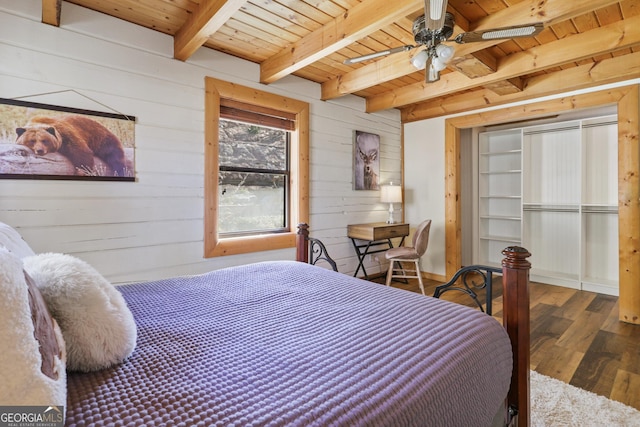 bedroom featuring ceiling fan, wooden walls, wooden ceiling, beamed ceiling, and dark hardwood / wood-style floors